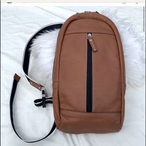 Coach one shoulder brown leather mens backpack.